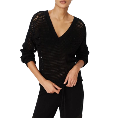 MODEL WEARING ATM COTTON CASHMERE MESH SWEATER IN BLACK