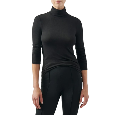 MODEL WEARING ATM MODAL RIB TURTLENECK IN BLACK