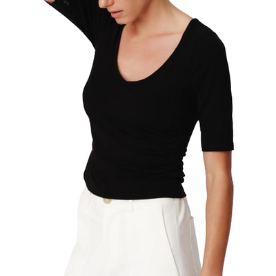 MODEL WEARING ATM PIMA COTTON ELBOW SLEEVE VNECK TEE IN BLACK