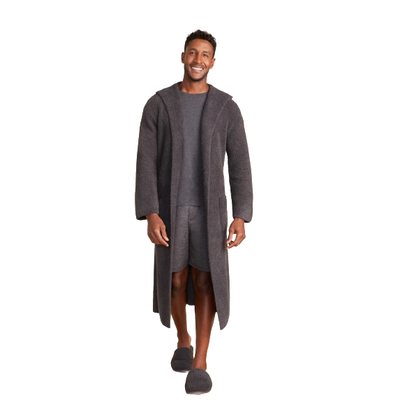 MODEL WEARING BAREFOOT DREAMS COZYCHIC RIBBED HOODED BATHROBE IN CARBON