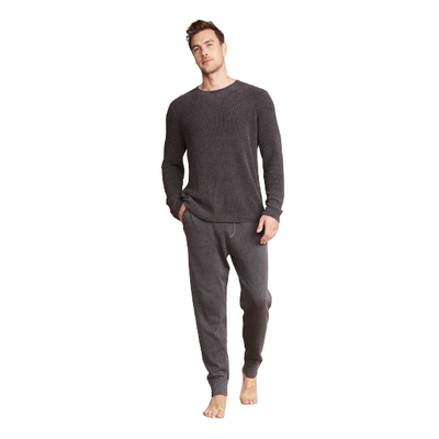 MODEL WEARING BAREFOOT DREAMS COZYCHIC ULTRA LITE MENS RIBBED CREWNECK IN CARBON