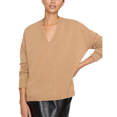 MODEL WEARING BROCHU WALKER JAMES VEE SWEATER IN CAMEL MELANGE