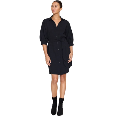 MODEL WEARING BROCHU WALKERS KATE CREPE DRESS IN BLACK ONYX