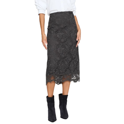 MODEL WEARING BROCHU WALKER MARA LACE SKIRT IN HUNTER