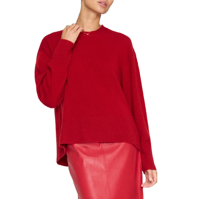 MODEL WEARING BROCHU WALKER ONDA CREWNECK IN CRIMSON