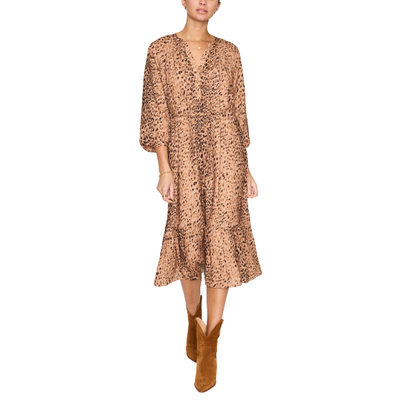 MODEL WEARING BROCHU WALKERS SARAI DRESS IN LEOPARD COMBO
