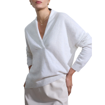MODEL WEARING BROCHU WALKERS SIENA WRAP NECK PULLOVER IN OVERCAST MELANGE