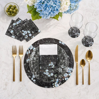 Blossom Fantasia Black Blue 16 Round Pebble Placemats, Set Of 4 - nicolettemayer.com