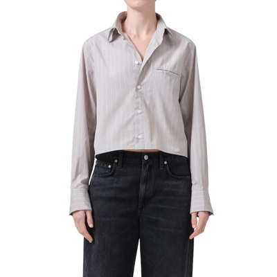 MODEL WEARING CITIZENS OF HUMANITY FINO CROPPED SHIRT IN TAILOR GREY STRIPE