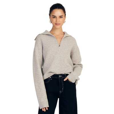 MODEL WEARING DEREK LAM SAMUEL REVERSIBLE SWEATER IN HEATHER GREY