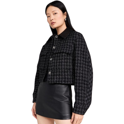 MODEL WEARING IRO SALOMA SHORT TWEED JACKET IN BLACK 