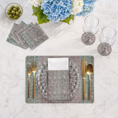 Iznik Green Pink Vegan Leather Rectangle Pebble Placemat - nicolettemayer.com