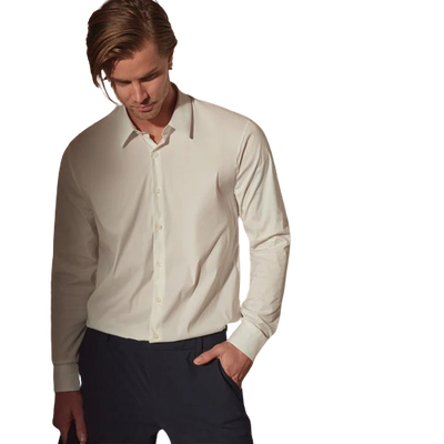 MODEL WEARING JAMES PERSE MATTE STRETCH POPLIN DRESS SHIRT IN WHITE