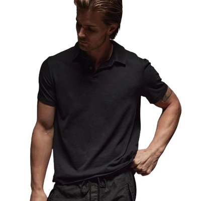 MODEL WEARING JAMES PERSE SUEDED JERSEY POLO IN BLACK