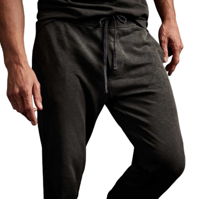 MODEL WEARING JAMES PERSE VINTAGE FRENCH TERRY SWEATPANT IN CARBON PIGMENT