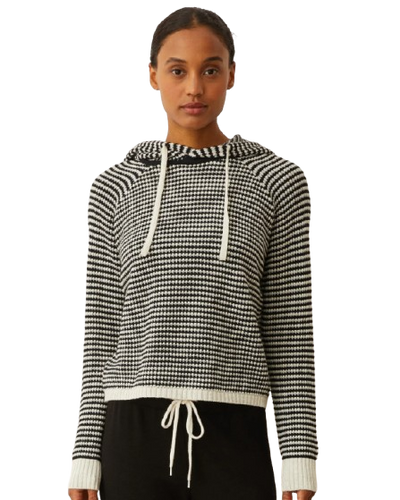 MONROW COTTON CASHMERE STRIPE HOODIE IN BLACK STRIPE