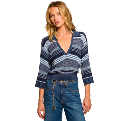 MODEL WEARING RAMY BROOK VNECK SWEATER IN NAVY STRIPE