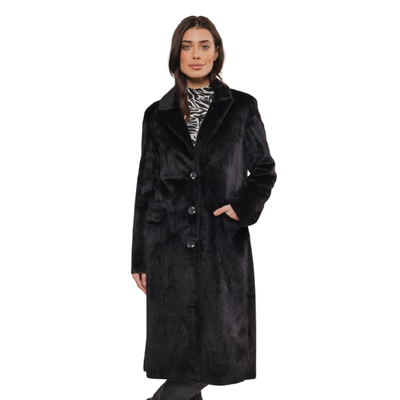 MODEL WEARING SAAMI FAUZX FUR COAT IN BLACK