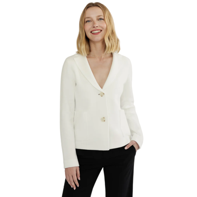MODEL WEARING STATE OF COTTON NYC BEALE BLAZER IN IVORY
