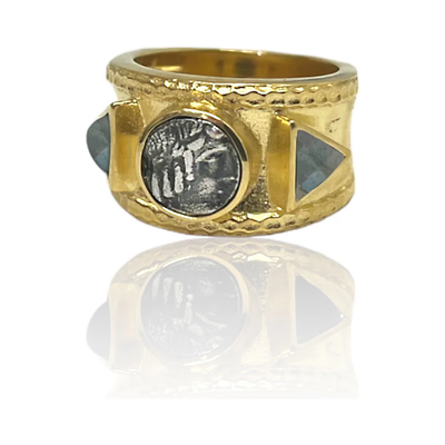 TAT2 GOLD BAND COIN LABRADORITE TRE RING