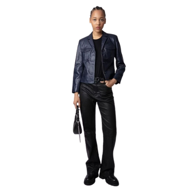 MODEL WEARING ZADIG & VOLTAIRE LIAMS LEATHER JACKET IN COLOR MARINE