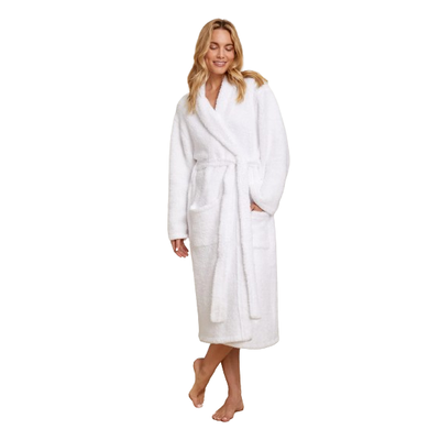 MODEL WEARING BAREFOOT DREAMS COZY CHIC ROBE IN WHITE