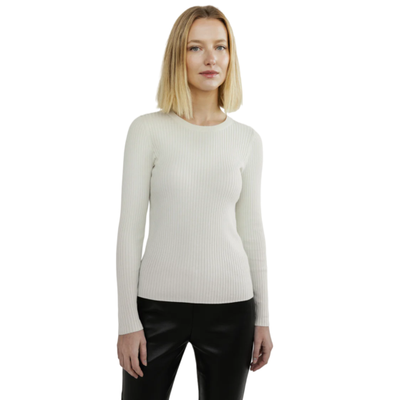 MODEL WEARING STATE OF COTTON NYC SURREY SWEATER IN IVORY