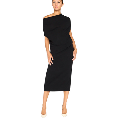 Model wearing Lori sleeveless dress in black onyx