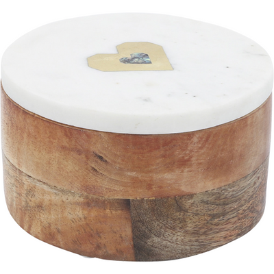 round wooden box with white lid and heart