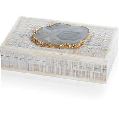 Chiseled Mango Wood & Bone Decorative Box with Agate Stone - MARCUS