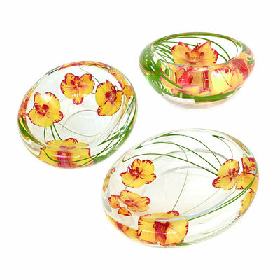 Emilio Robba's yellow & fuchsia phalaenopsis glass flower bowls set of 3