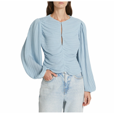 Model wearing Pleated Billow Sleeve Top in color Chambray Blue