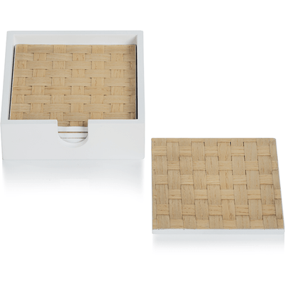 4-Piece Woven Ash White Coaster Set with Holder, Square - MARCUS