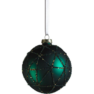 Dark Green Glass Ball Ornaments with Sequins, Set of 6