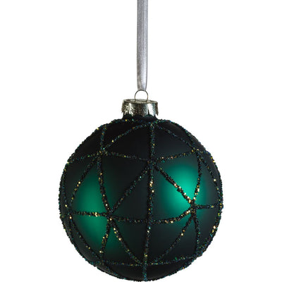 4.75" Dark Green Glass Ball Ornaments with Sequins, Set of 4