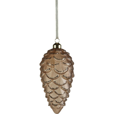 Frosted Glass Pine Cone Ornaments w/ Glitter Trim, Set of 6