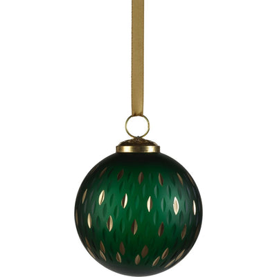 Green Frosted & Etched in Gold Glass Ball Ornaments, Set of 6