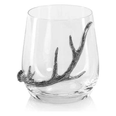 Malachi Stemless Glasses with Pewter Antler, Set of 2