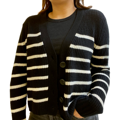 Model wearing breton stripe boxy shaker in black
