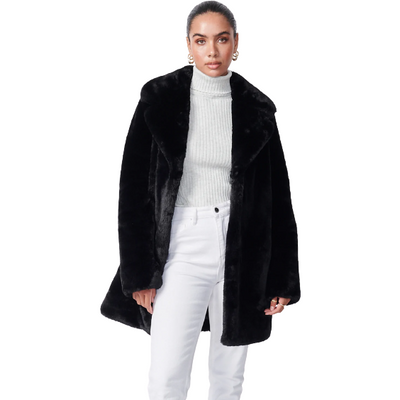 Model wearing Ena Pelly's Minimalist Faux Fur Jacket in color black